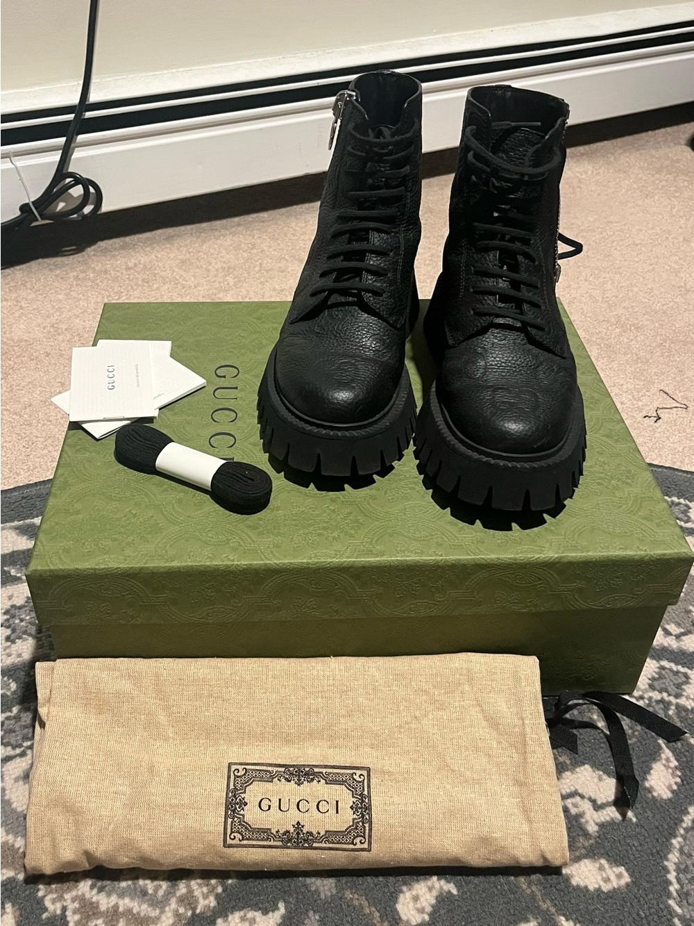 Gucci Black Lace-Up Lug Sole Leather Ankle Boots - EXCELLENT CONDITION